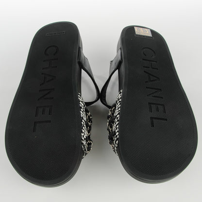 Chanel Tweed Lambskin Chain Flat Sandals 38 Black White 6 of 9