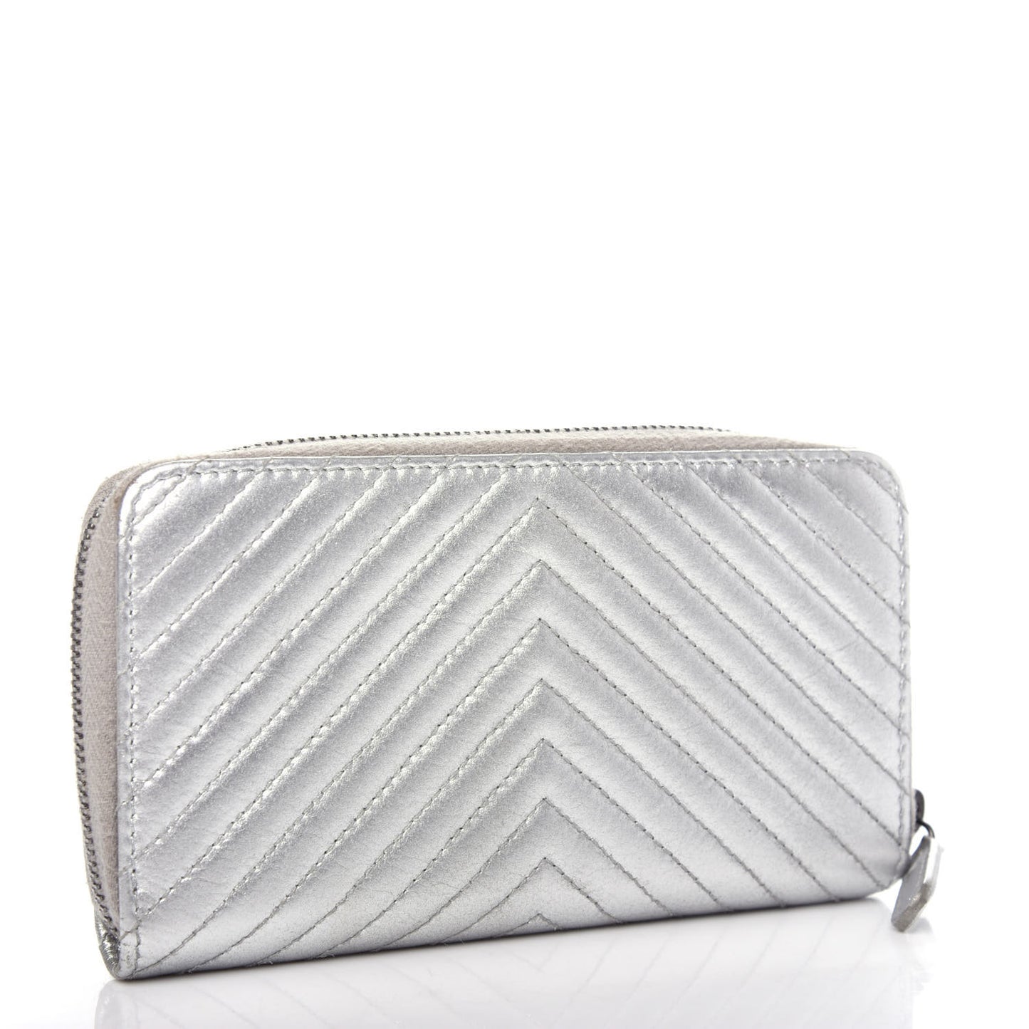 Metallic Lambskin Chevron Quilted Small Zip Around Wallet Silver