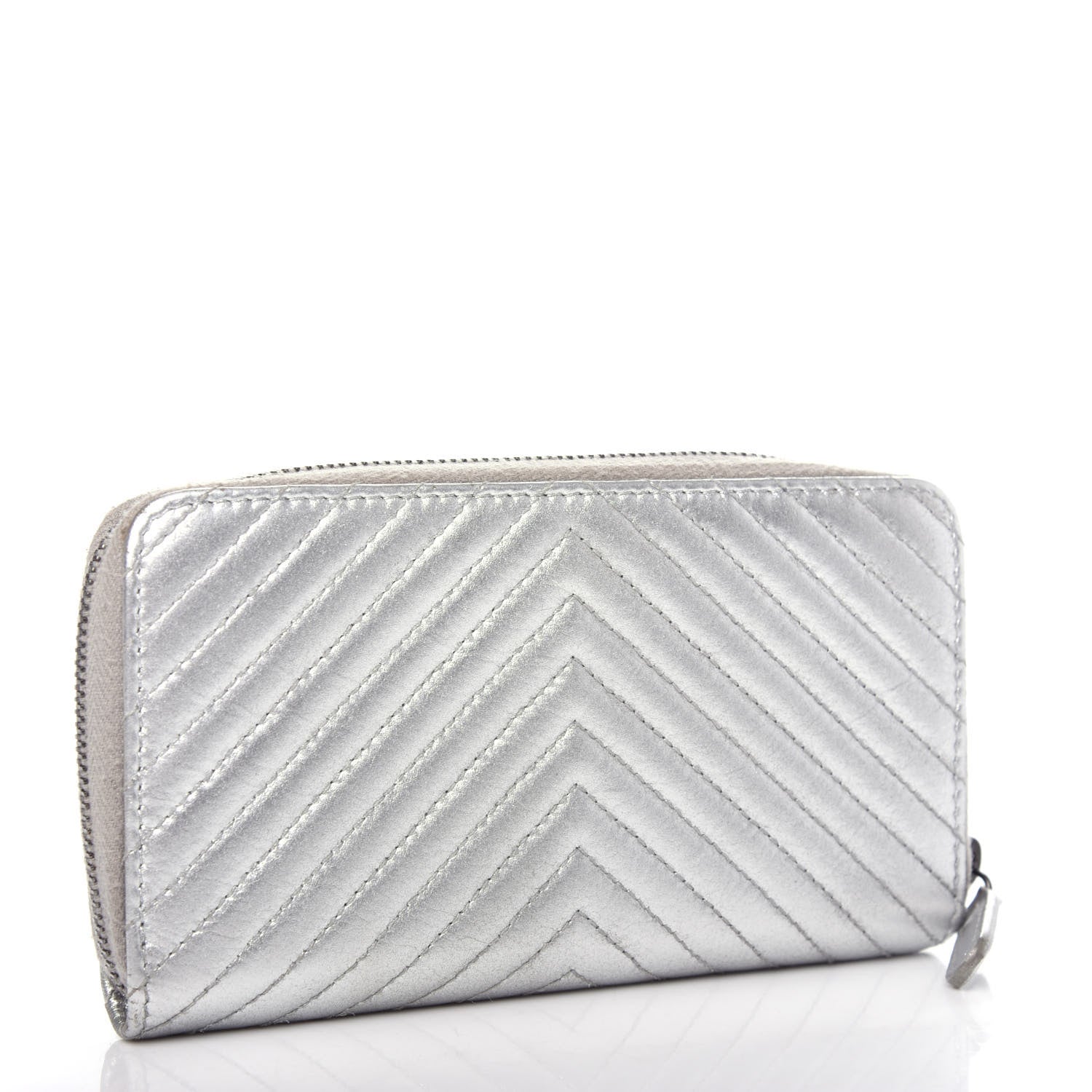 Chanel Metallic Lambskin Chevron Quilted Small Zip Around Wallet Silver 3 of 9