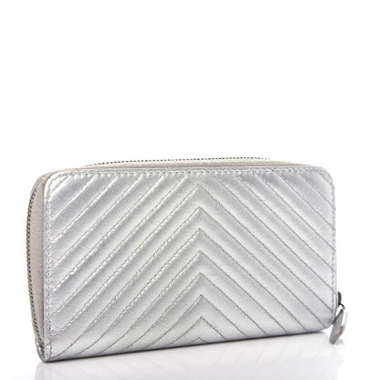 Chanel Metallic Lambskin Chevron Quilted Small Zip Around Wallet Silver 3 of 9