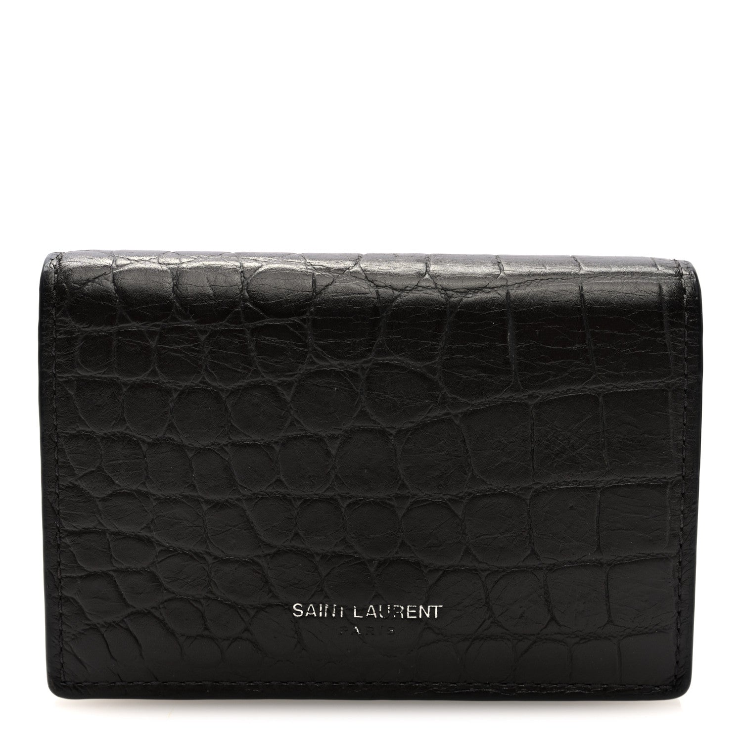 Saint Laurent Calfskin Crocodile Embossed Business Card Case Coal 1 of 7