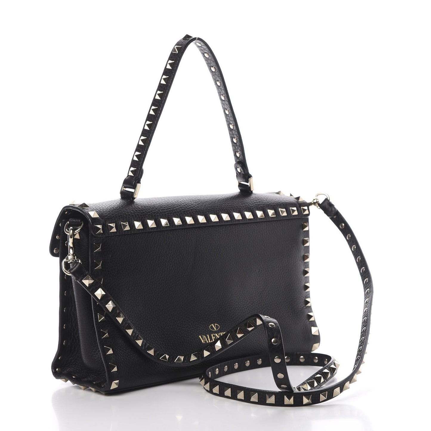 Pebbled Calfskin Small Rockstud Single Handle Flap Bag Black