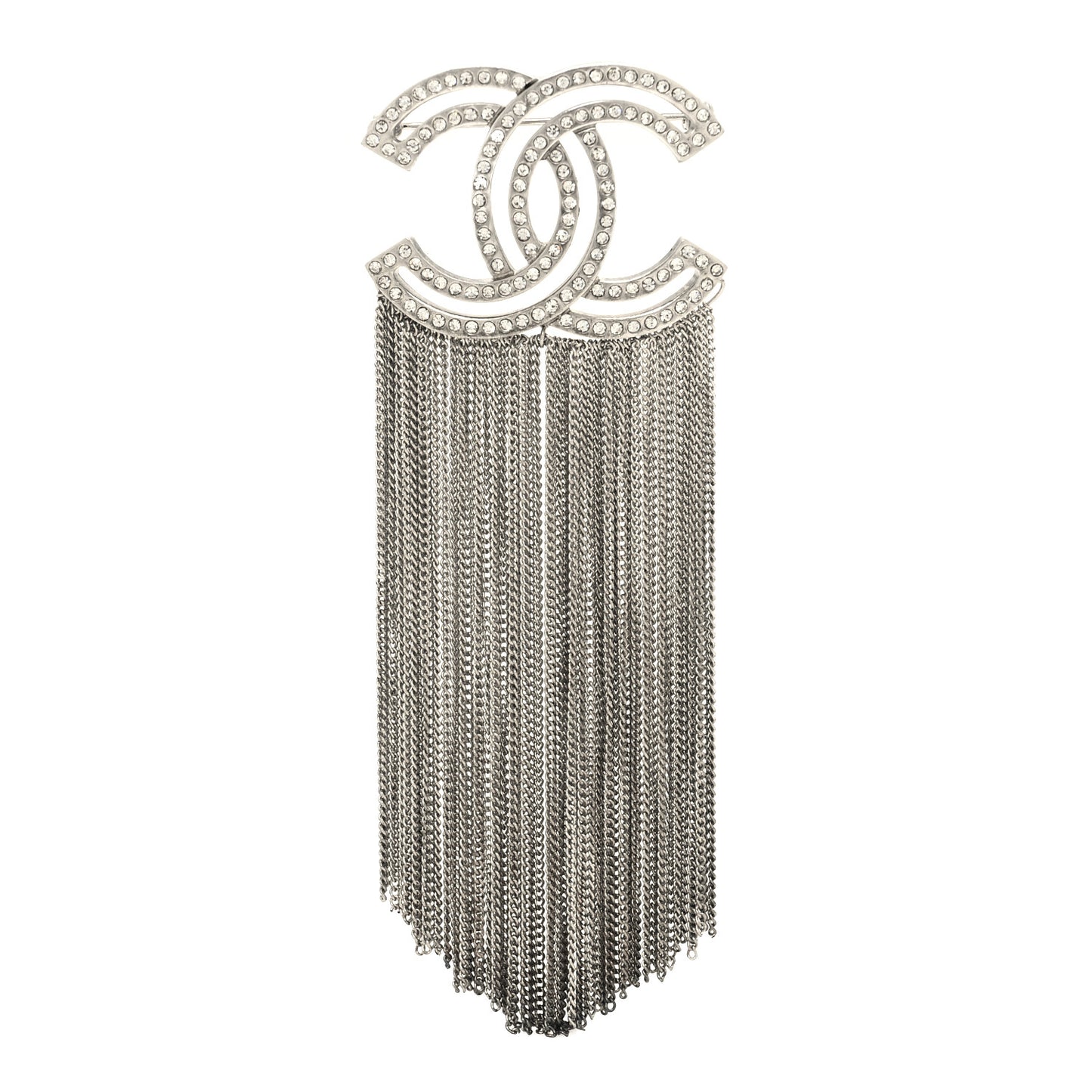Crystal Chain Fringe CC Brooch Silver