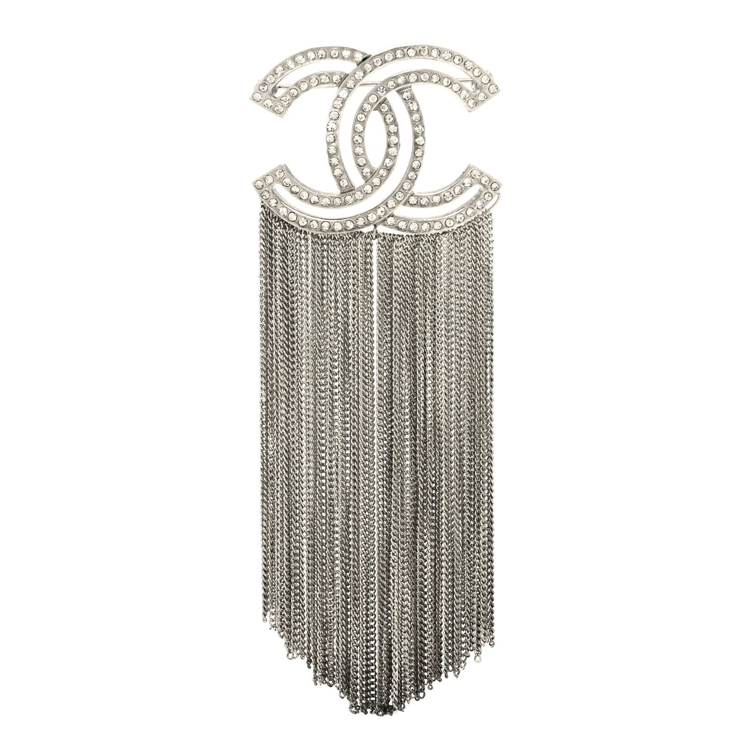 Chanel Crystal Chain Fringe CC Brooch Silver 1 of 3