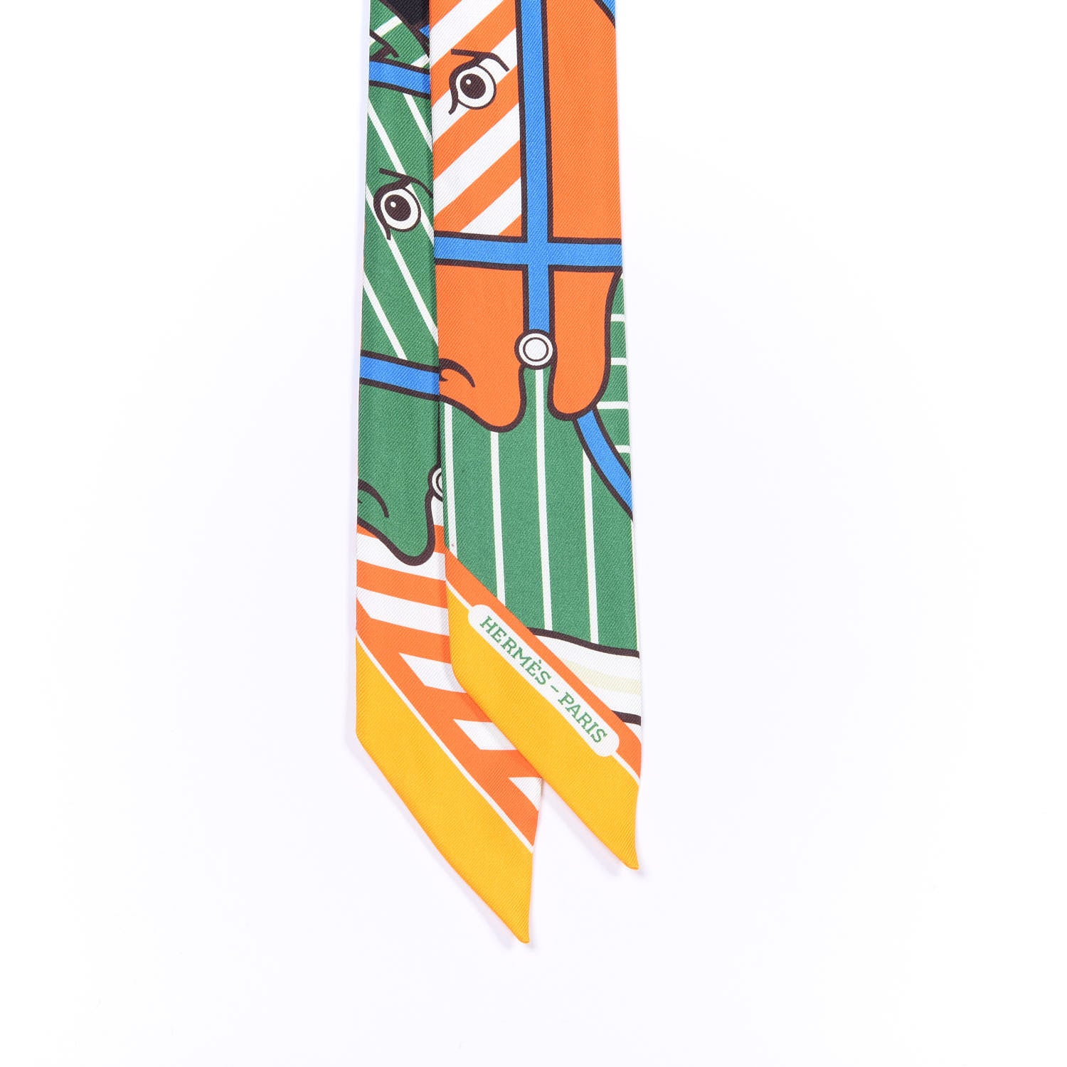 Hermes Silk Quadrige Twilly Orange Vert Ebene 2 of 4
