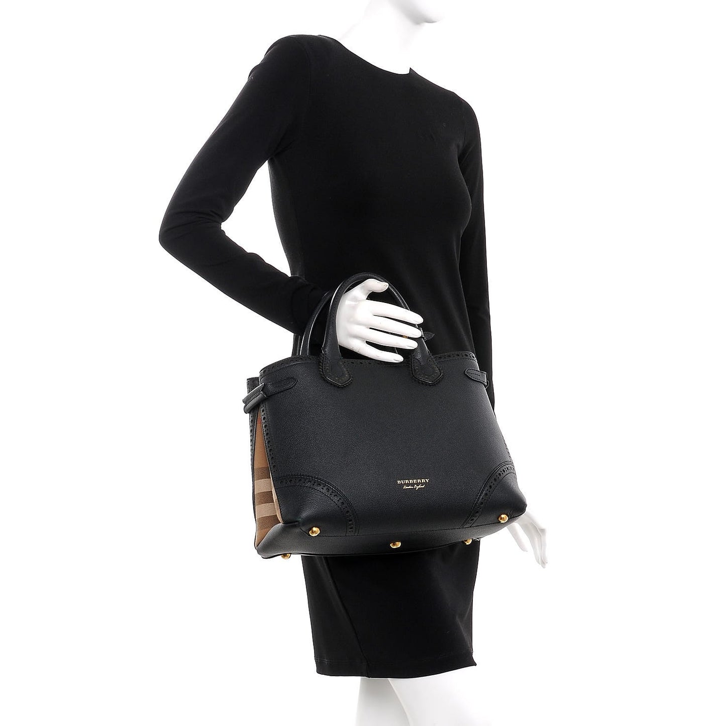 Grainy Calfskin Perforated House Check Medium Brogue Banner Tote Black