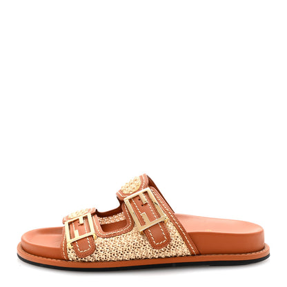 Fendi Raffia Vitello Womens Fendi Feel Buckled Slide Sandals 39 Paglia Brandy 1 of 9