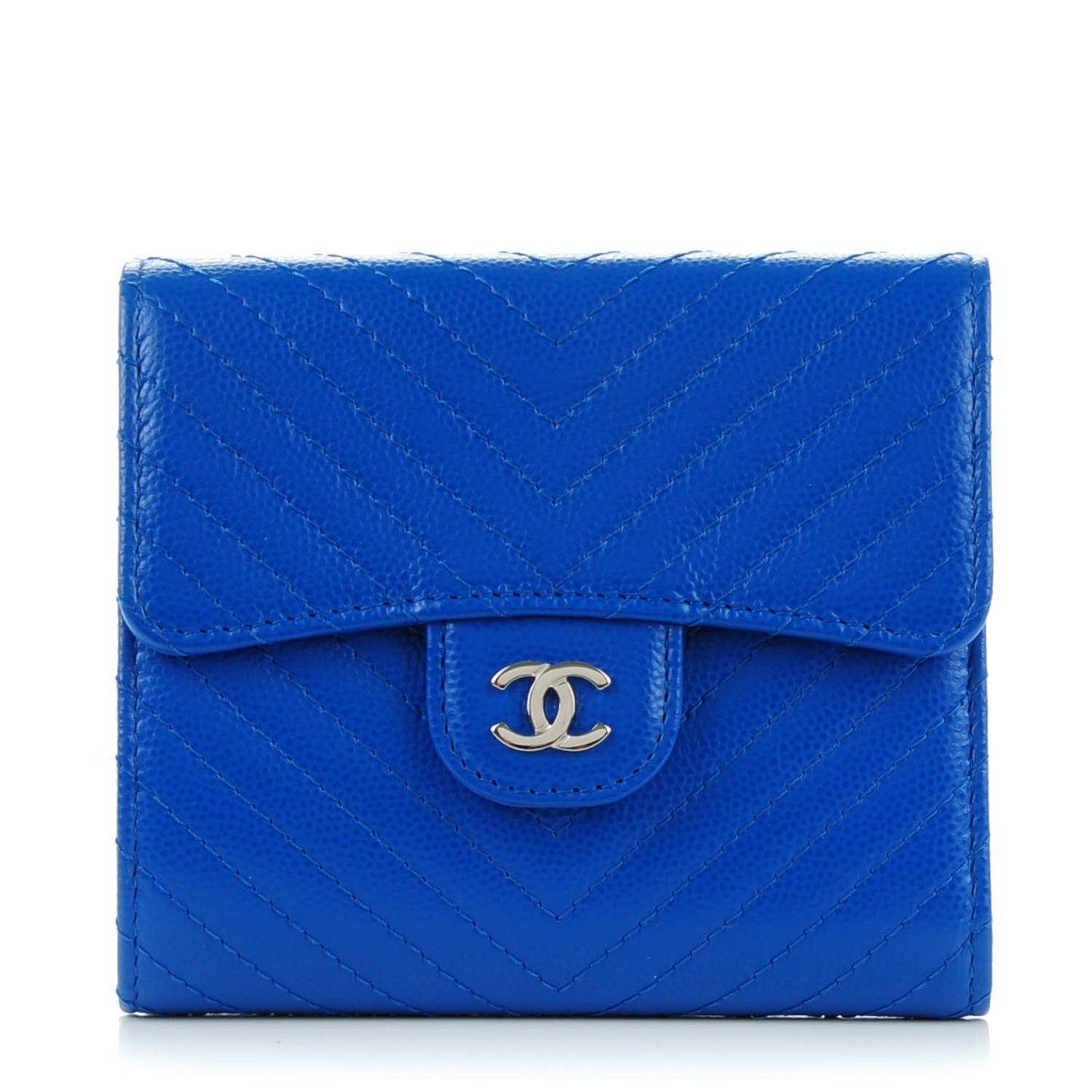Caviar Chevron Quilted Compact Flap Wallet Bright Blue