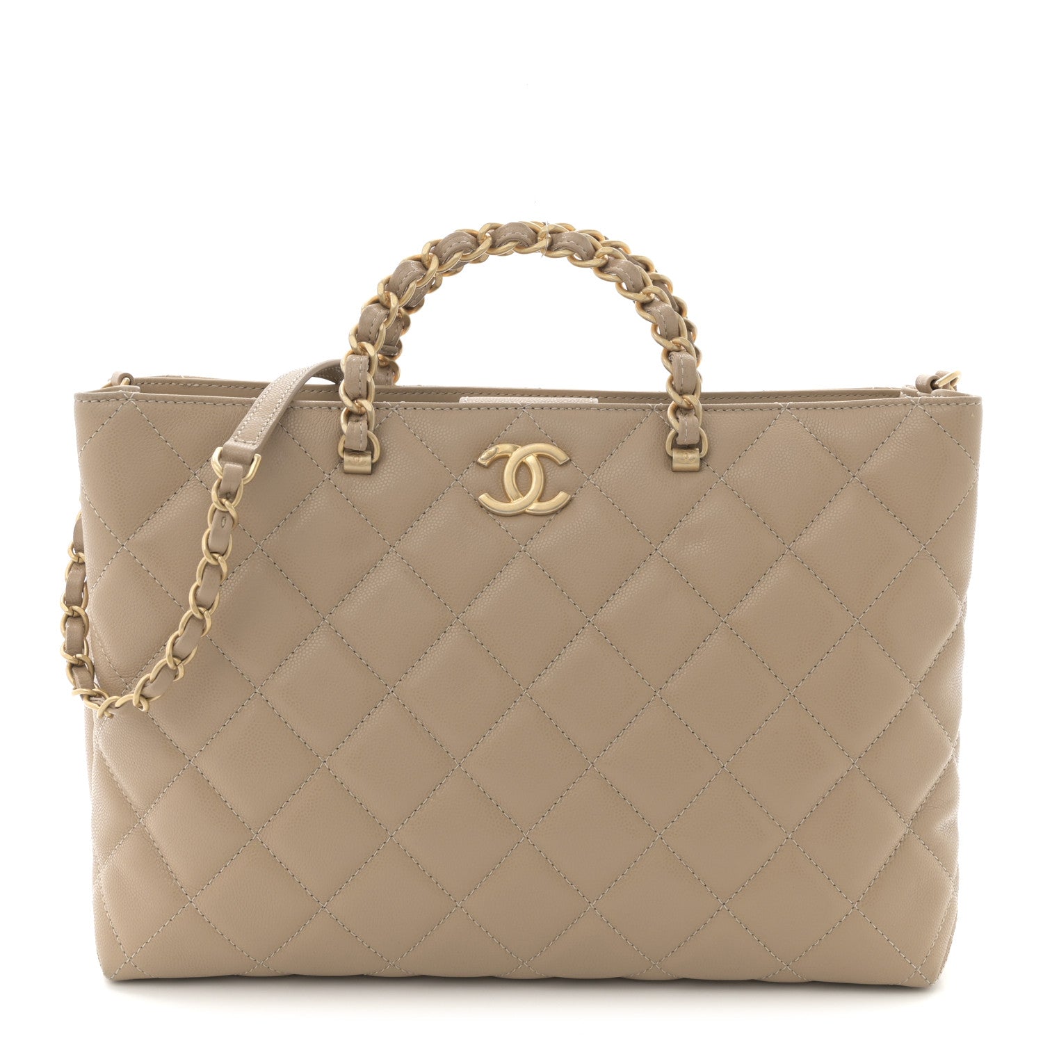 Chanel Shiny Caviar Quilted Chain Handle Shopping Tote Beige 1 of 10