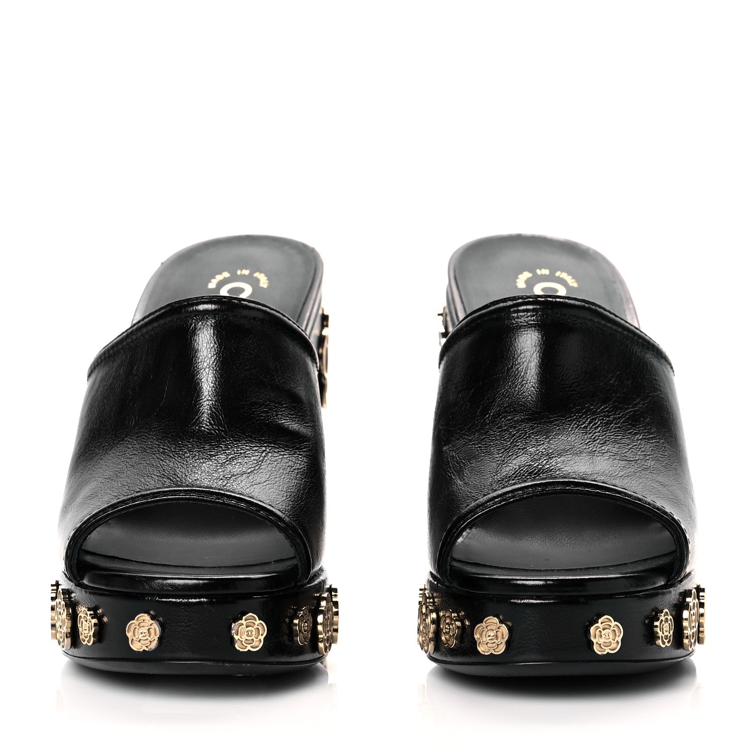 Chanel Crumpled Calfskin Camellia Wedge Mules 36 Black 2 of 10