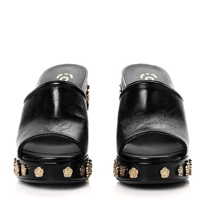 Chanel Crumpled Calfskin Camellia Wedge Mules 36 Black 2 of 10