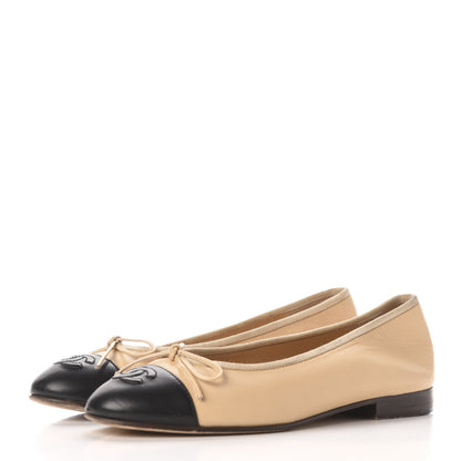 Chanel Lambskin Cap Toe CC Ballerina Flats 36 Beige Black 3 of 10