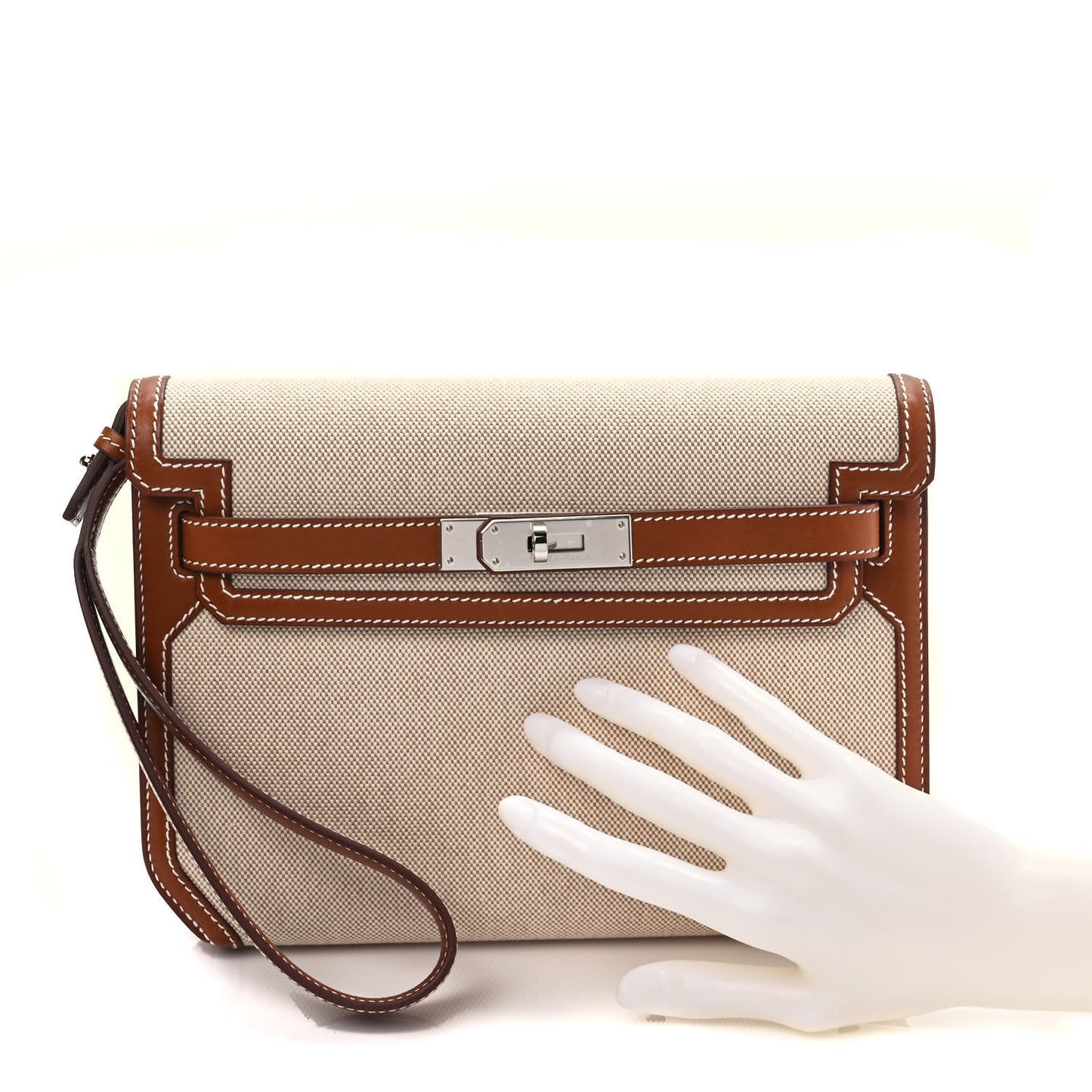 Toile H Barenia Kelly Depeches 25 Pouch Ecru Beige Fauve