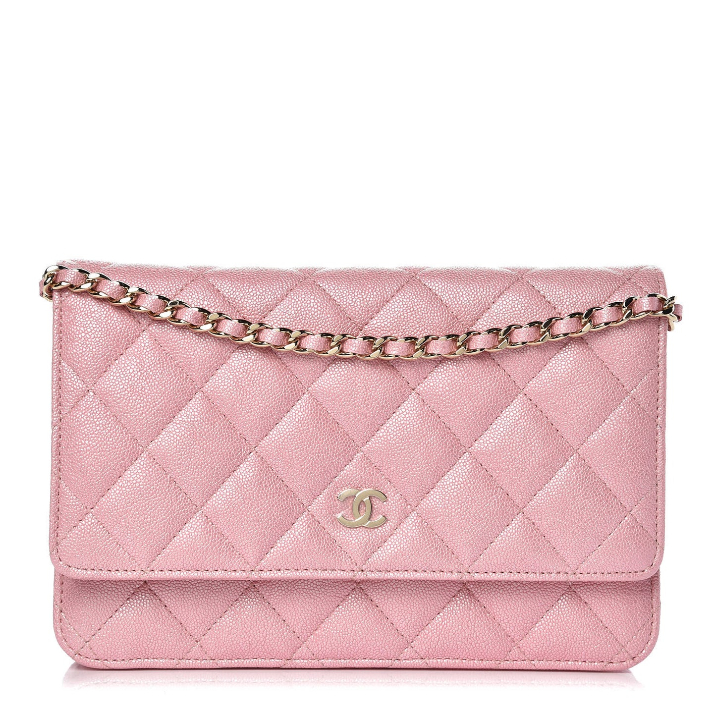 Iridescent Caviar Quilted Wallet on Chain WOC Rose Pink