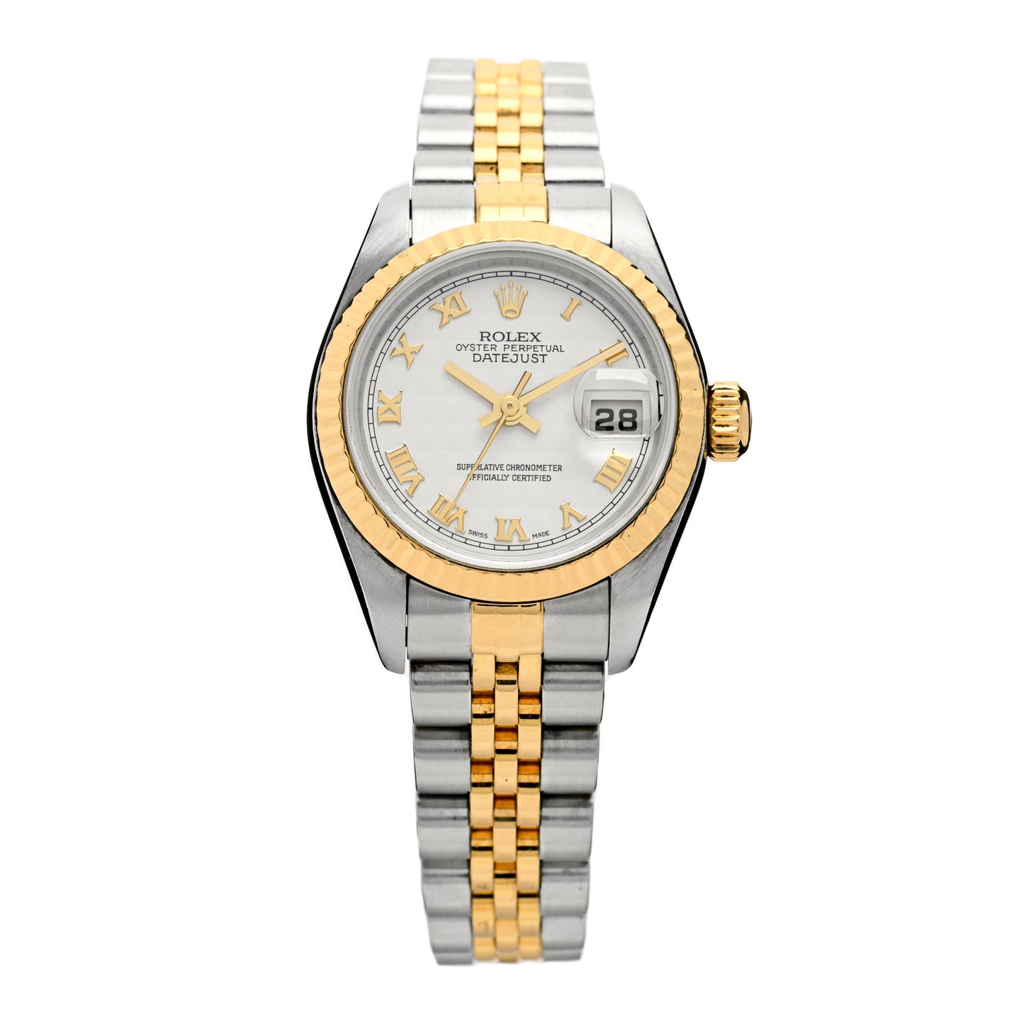 Stainless Steel 18K Yellow Gold 26mm Oyster Perpetual Datejust Watch White Pyramid Roman 79173