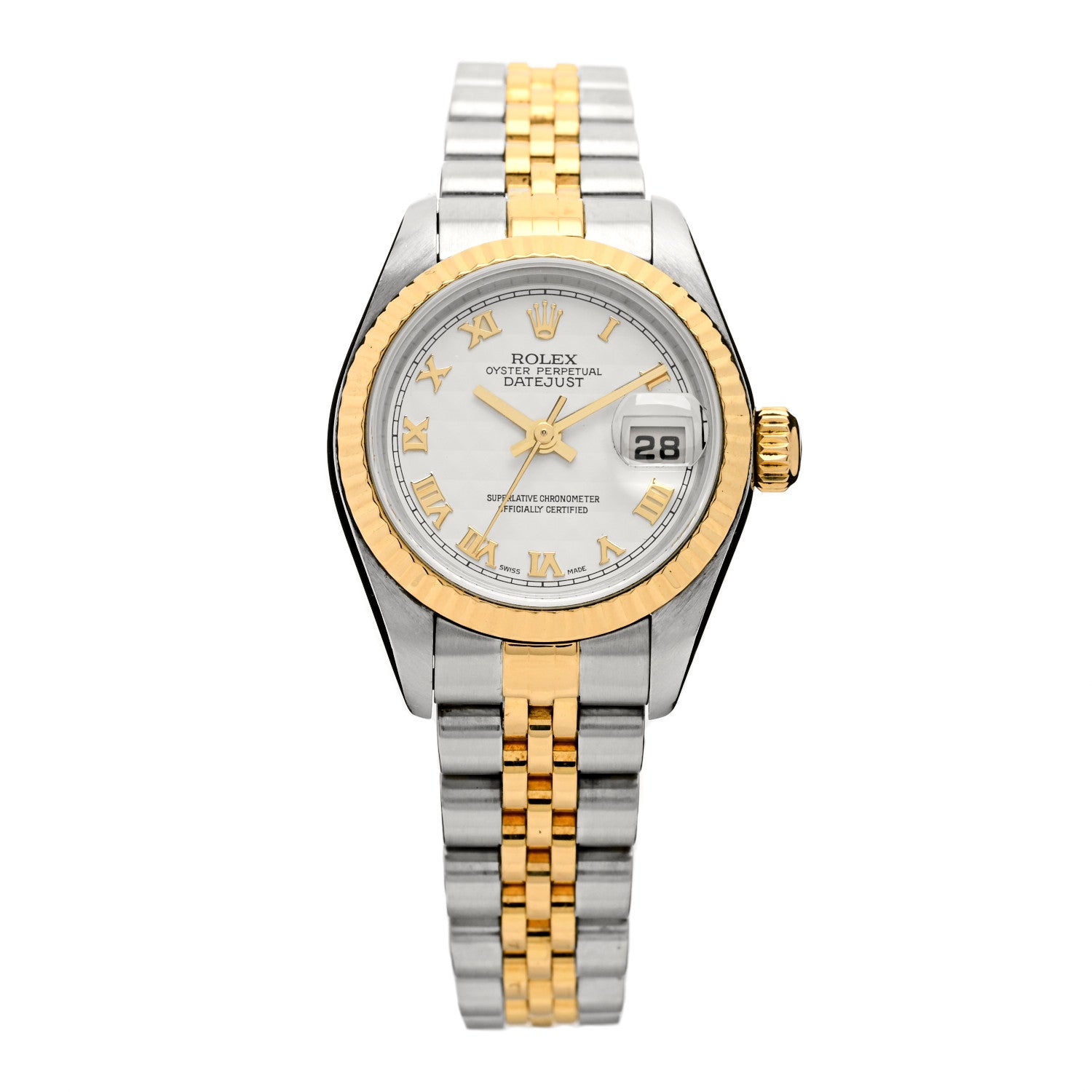 Rolex Stainless Steel 18K Yellow Gold 26mm Oyster Perpetual Datejust Watch White Pyramid Roman 79173 1 of 4