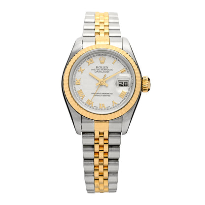 Rolex Stainless Steel 18K Yellow Gold 26mm Oyster Perpetual Datejust Watch White Pyramid Roman 79173 1 of 4