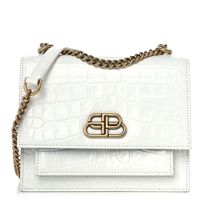 Balenciaga Shiny Calfskin Crocodile Embossed S Sharp Chain Shoulder Bag Optic White 1 of 9
