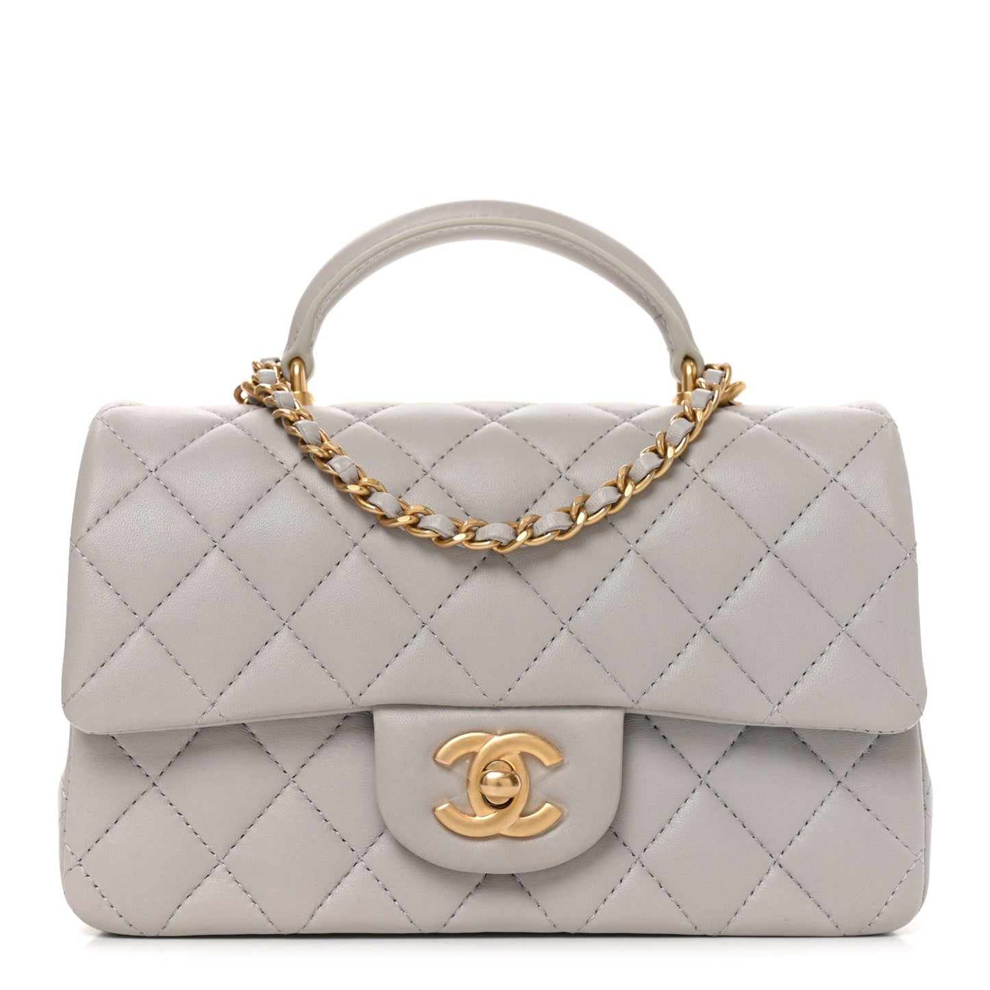 Lambskin Quilted Mini Top Handle Rectangular Flap Grey