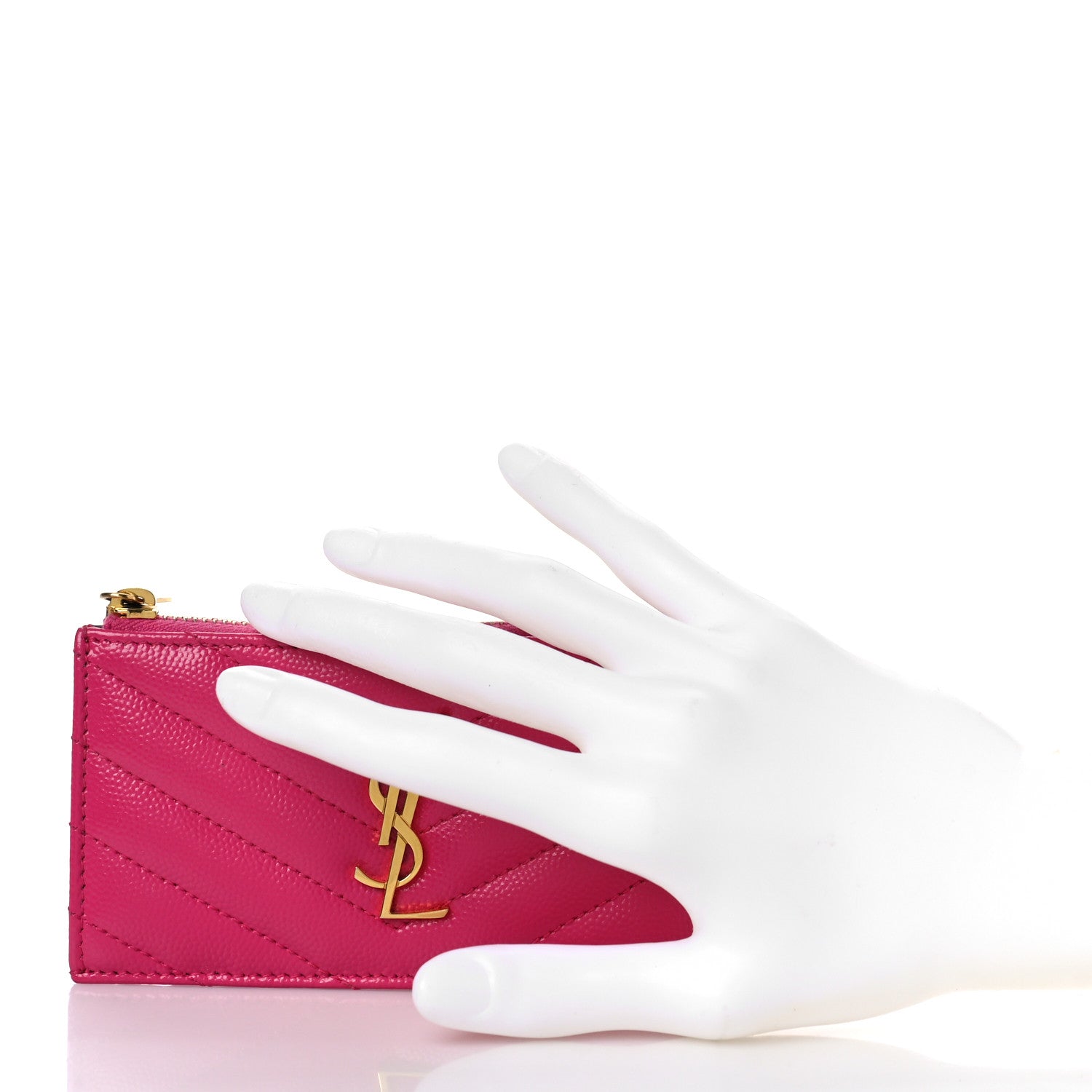 Saint Laurent Grain De Poudre Matelasse Chevron Monogram Fragments Zippered Card Case Fuxia 2 of 9