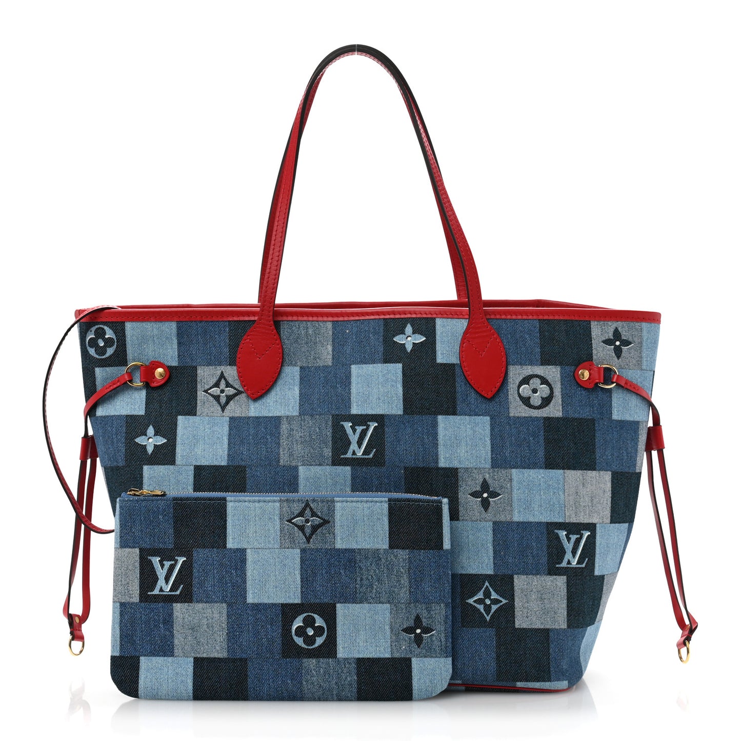 Denim Damier Monogram Patchwork Neverfull Blue Rouge