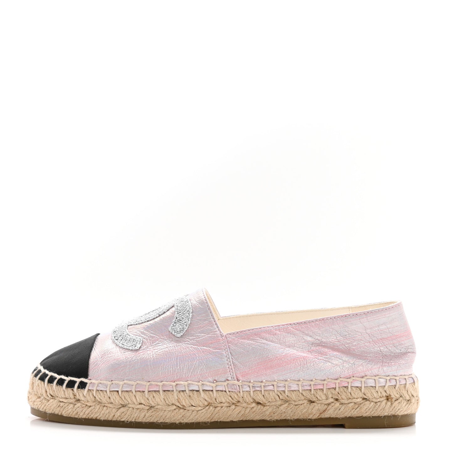 Laminated Lambskin Grosgrain Embroidered CC Espadrilles 37 Pink Silver Black