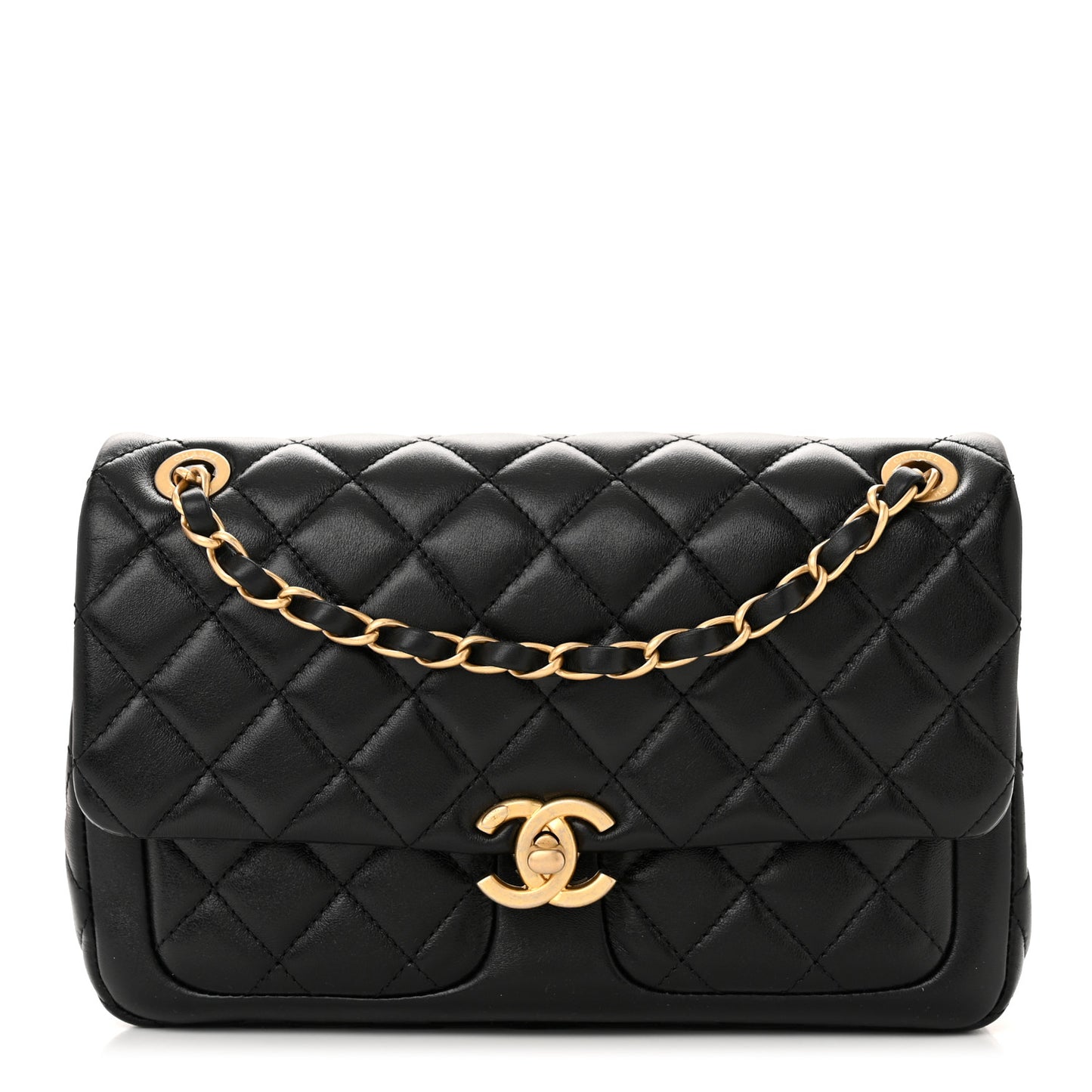 Shiny Lambskin Quilted Small Daily Friend Flap Black