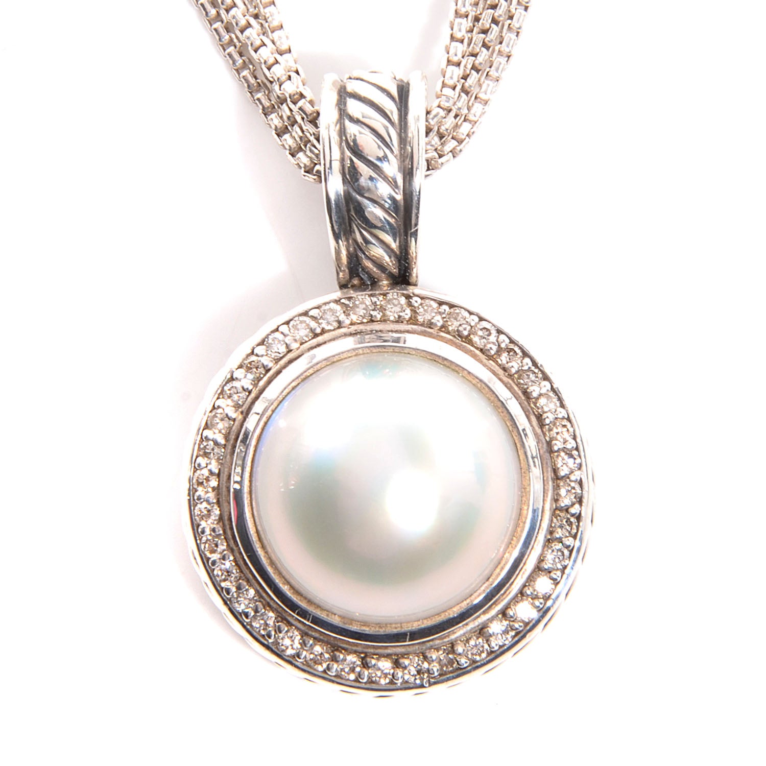 David Yurman Sterling Silver Pave Diamond Freshwater Pearl 21mm Cerise Pendant Necklace 3 of 7