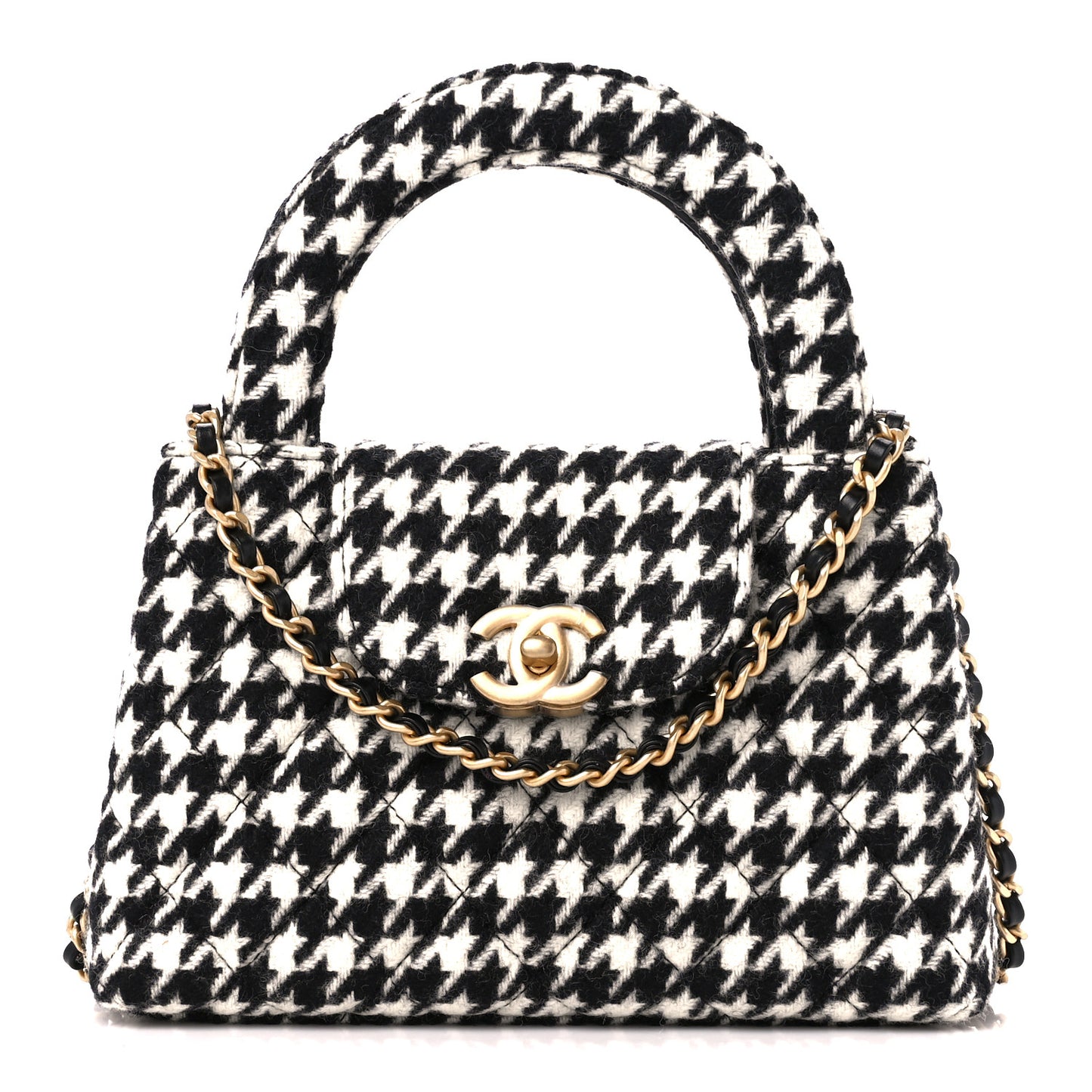 Tweed Houndstooth Quilted Nano Kelly Shopper Black White