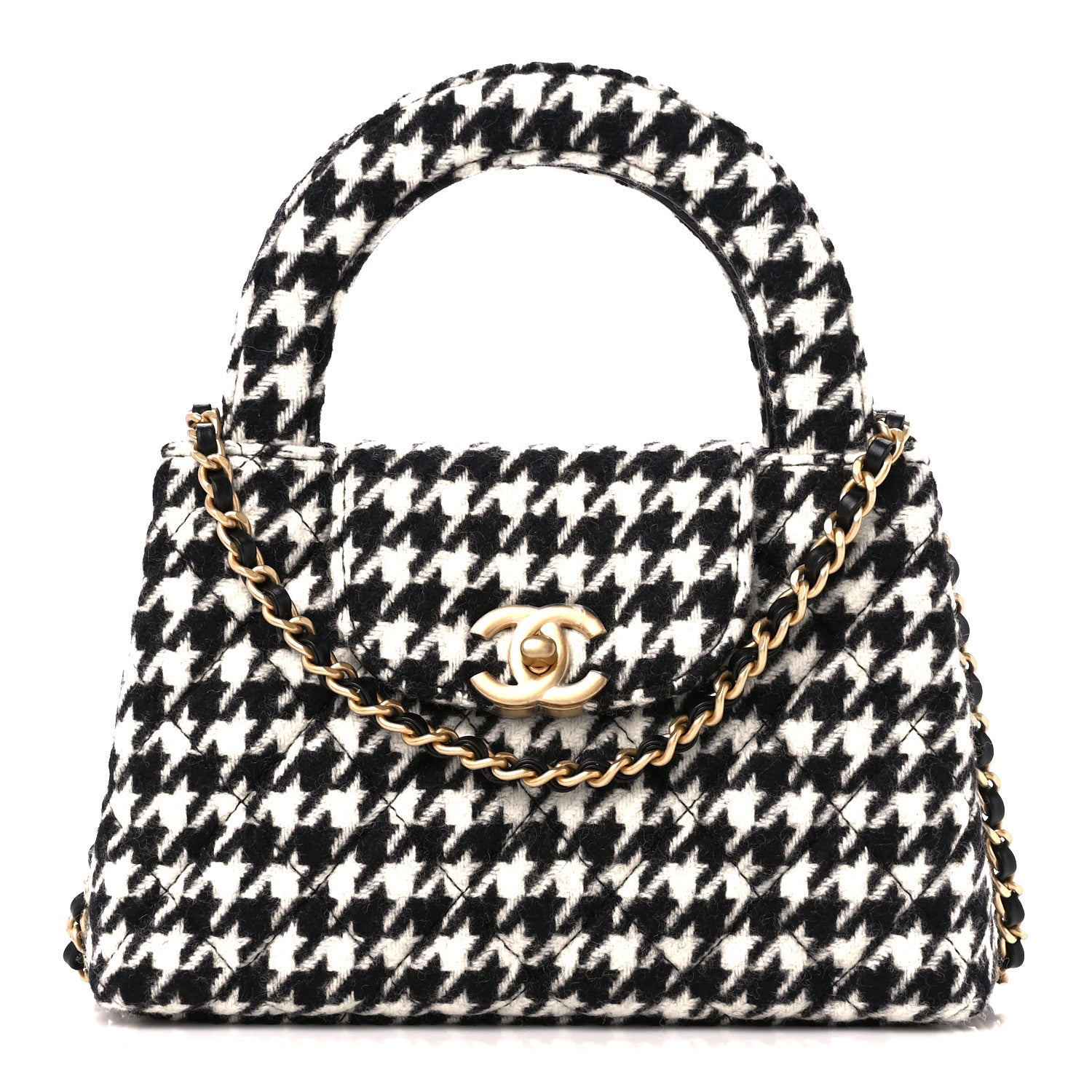 Chanel Tweed Houndstooth Quilted Nano Kelly Shopper Black White 1 of 11
