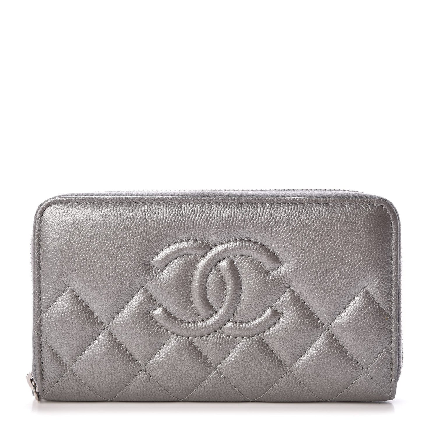 Metallic Caviar Quilted Medium Zip Around Wallet Silver