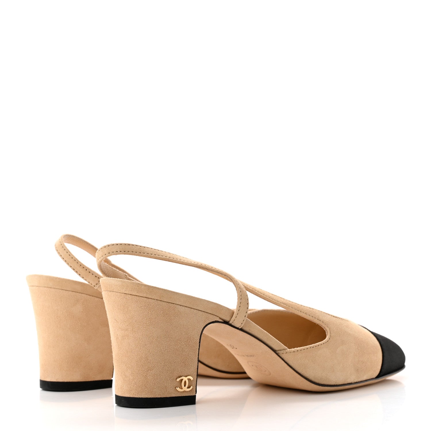 Chanel Suede Cap Toe CC Slingback Pumps 35 Beige Black 4 of 13