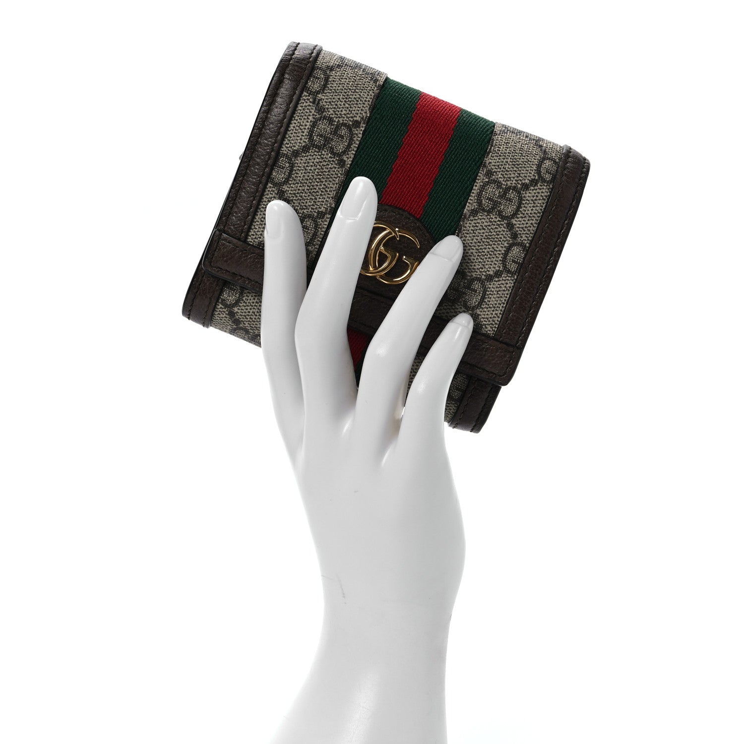 Gucci GG Supreme Monogram Textured Calfskin Web Ophidia Card Case Wallet Beige Ebony New Acero 2 of 6