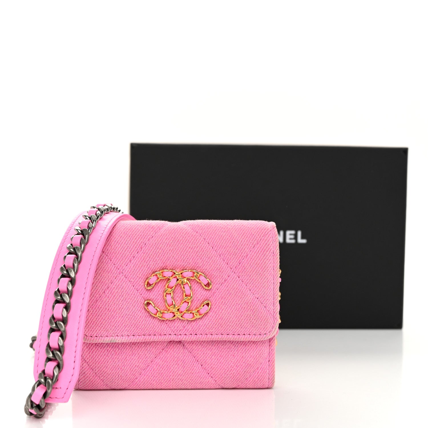 Chanel Denim Quilted Chanel 19 Flap Coin Purse With Chain Pink 12 of 12