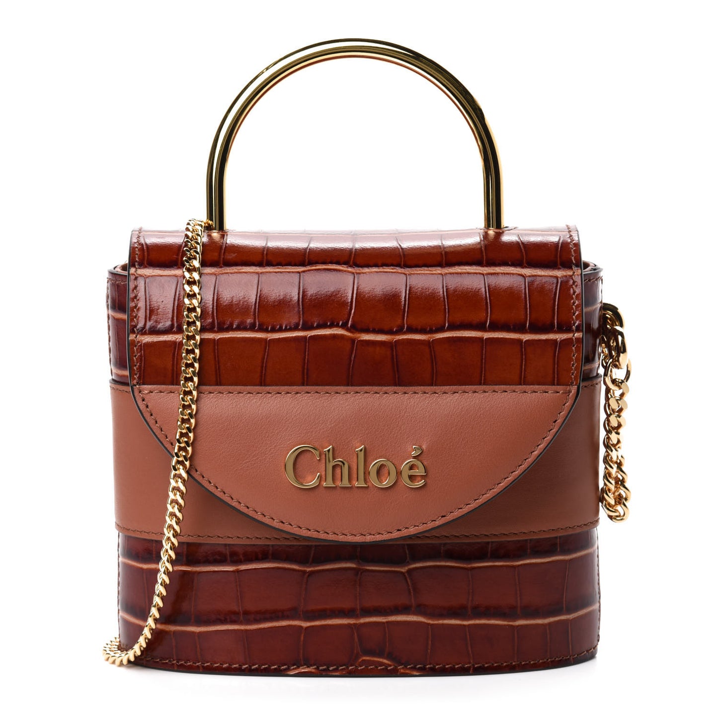 Calfskin Crocodile Embossed Small Aby Lock Chestnut Brown