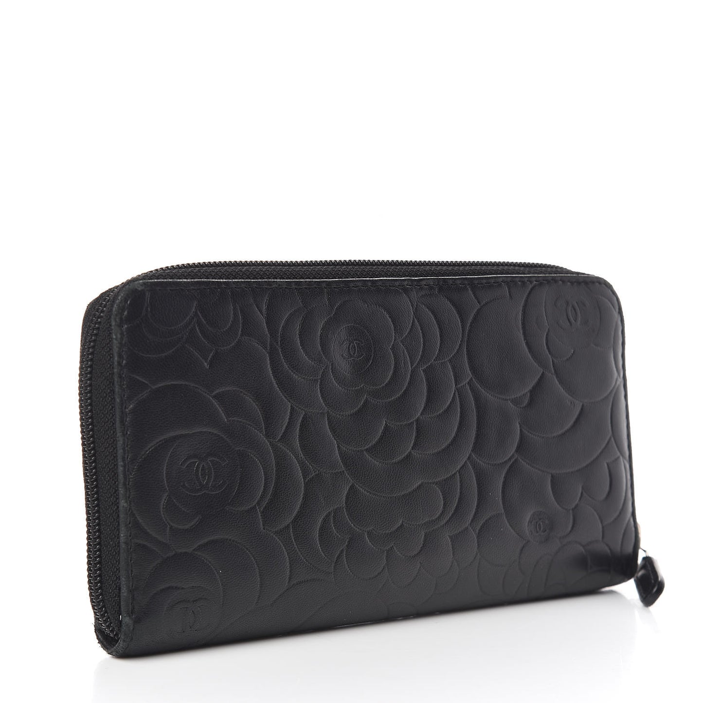 Lambskin Camellia Embossed Large Zip Around Gusset Wallet Black