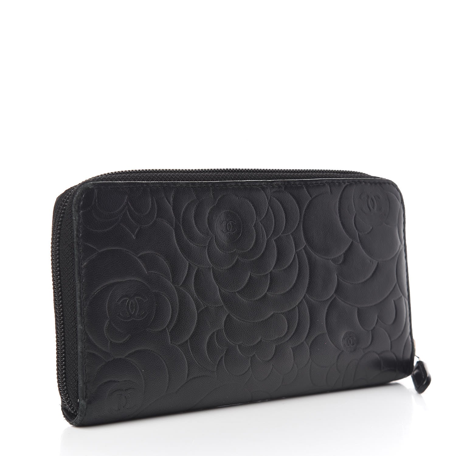 Chanel Lambskin Camellia Embossed Large Zip Around Gusset Wallet Black 3 of 9