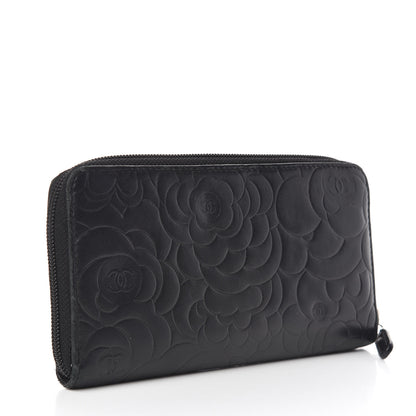 Chanel Lambskin Camellia Embossed Large Zip Around Gusset Wallet Black 3 of 9