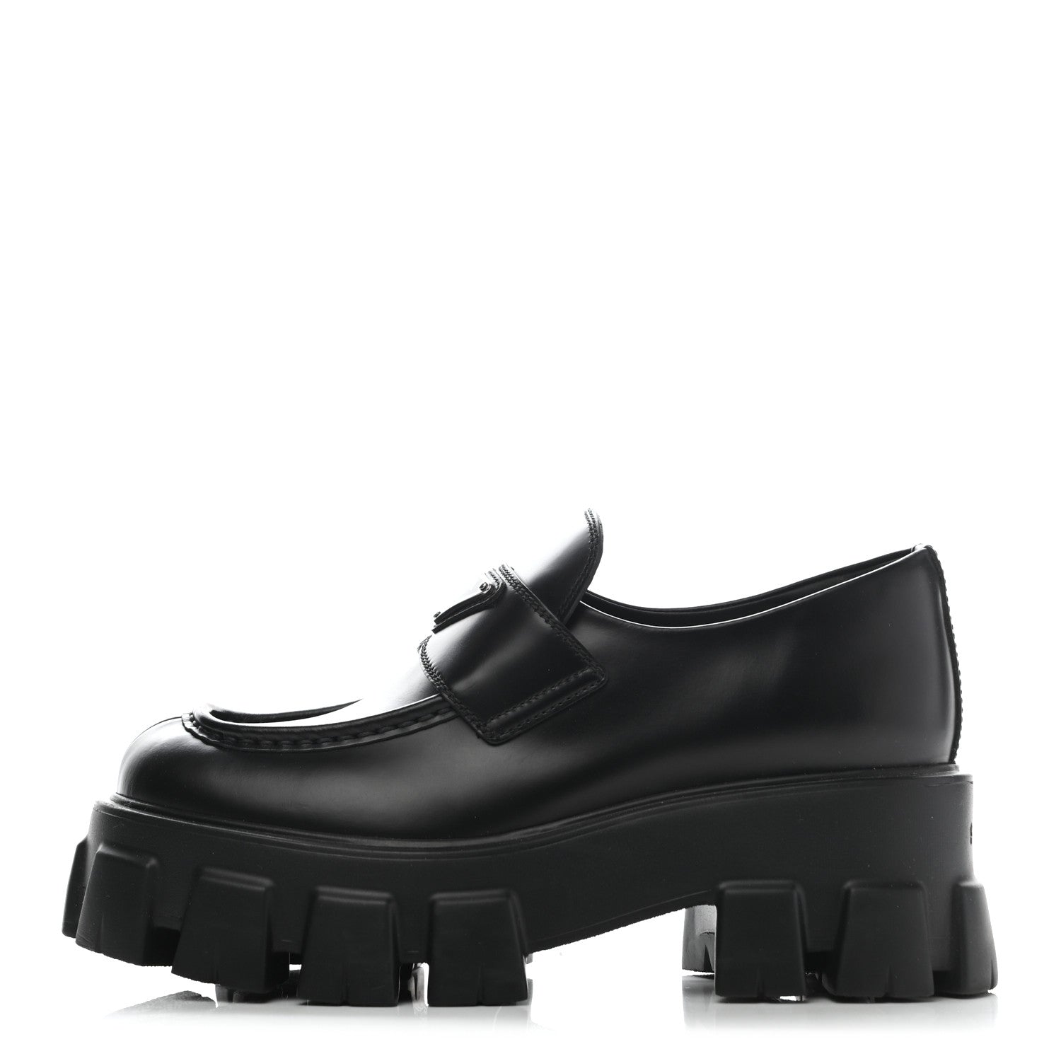 Prada Spazzolato Rois Metal Triangle Logo Monolith 55mm Loafers 37 Black 1 of 8