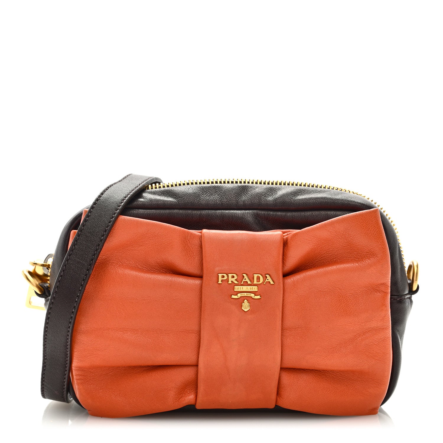 Prada Nappa Zippers Bow Clutch Brown Orange 1 of 8