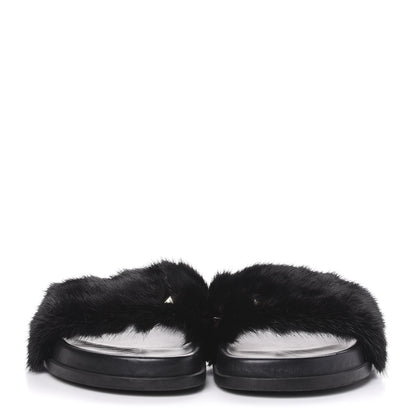 Valentino Garavani Mink Fur Rockstud Slide Sandals 39.5 Black 2 of 9