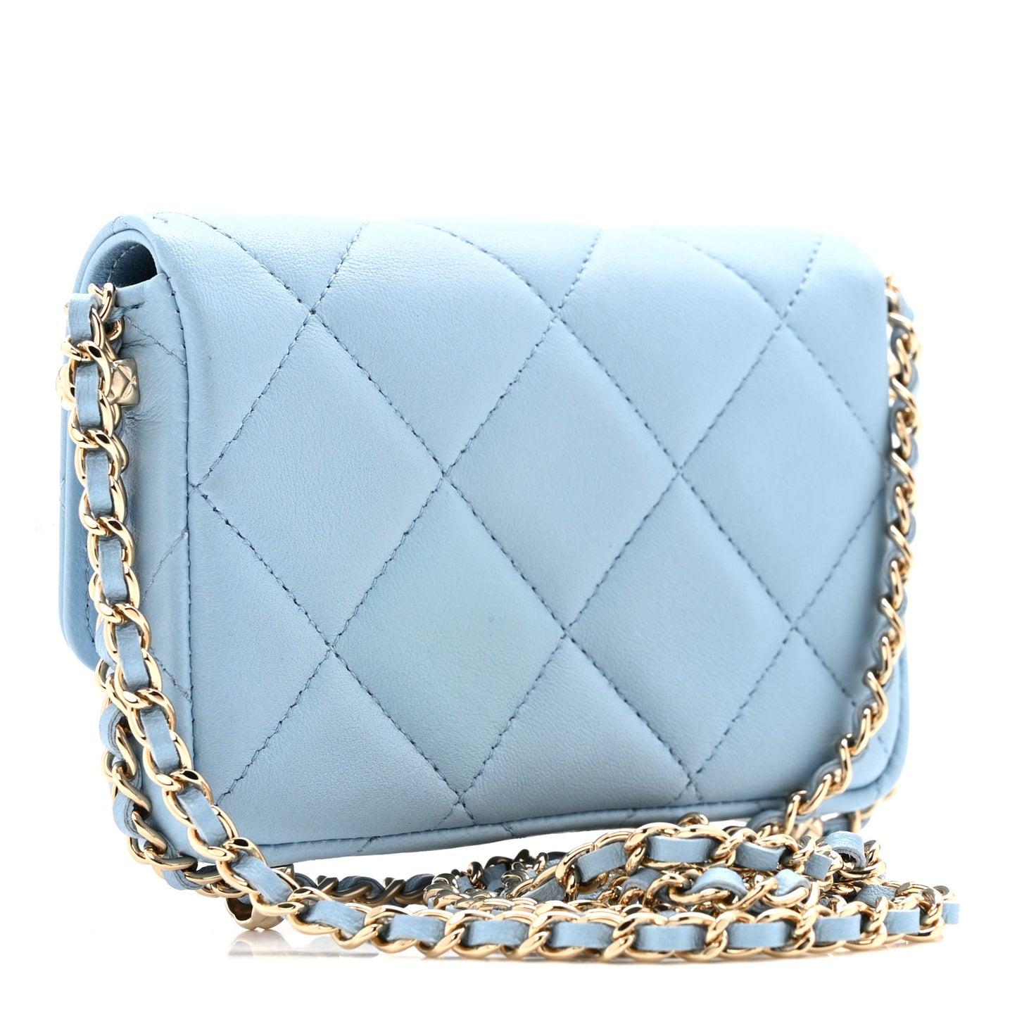 Lambskin Quilted Chain Around Coin Purse With Chain Light Blue