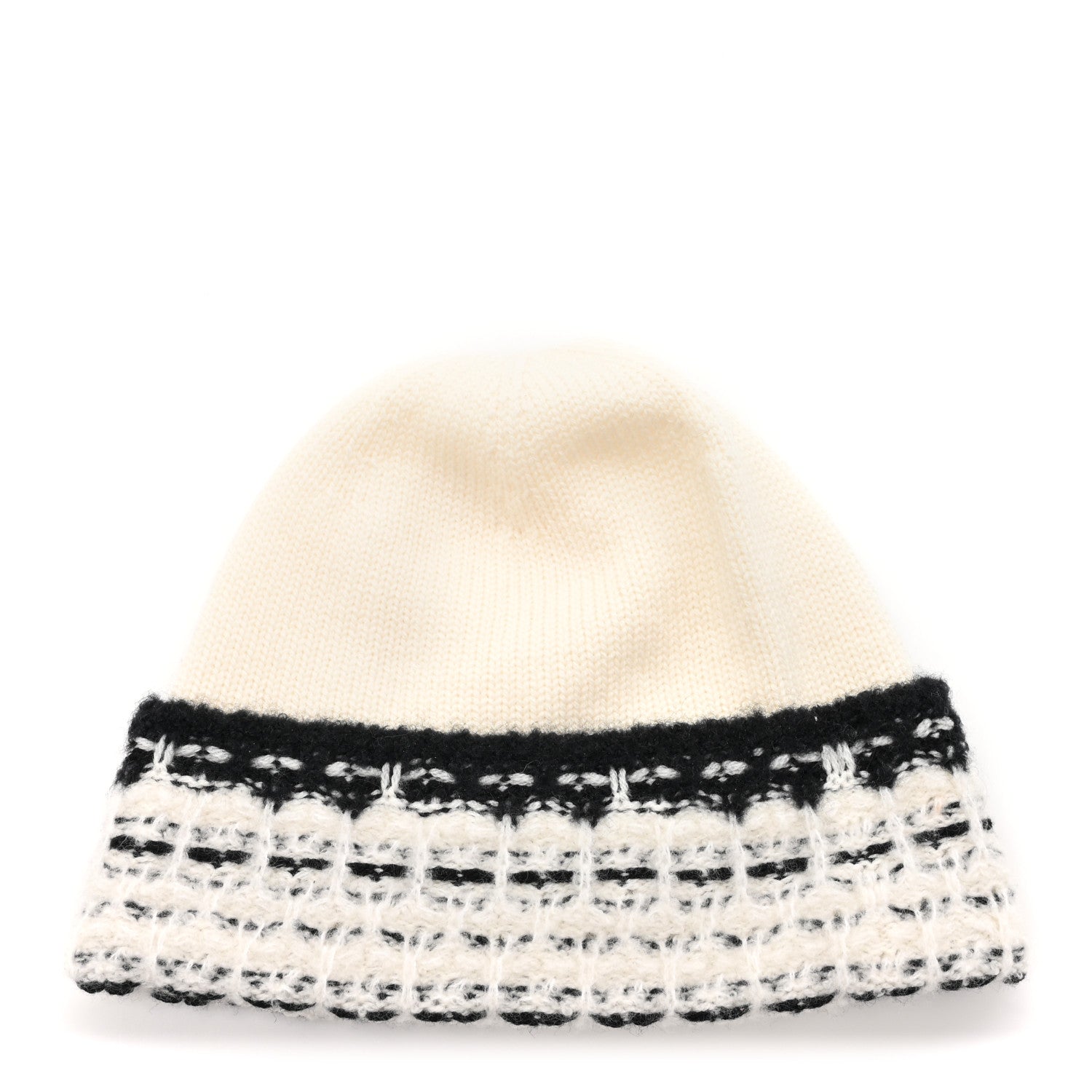 Chanel Wool Cashmere Stitched CC Beanie Hat Ivory Black 3 of 5