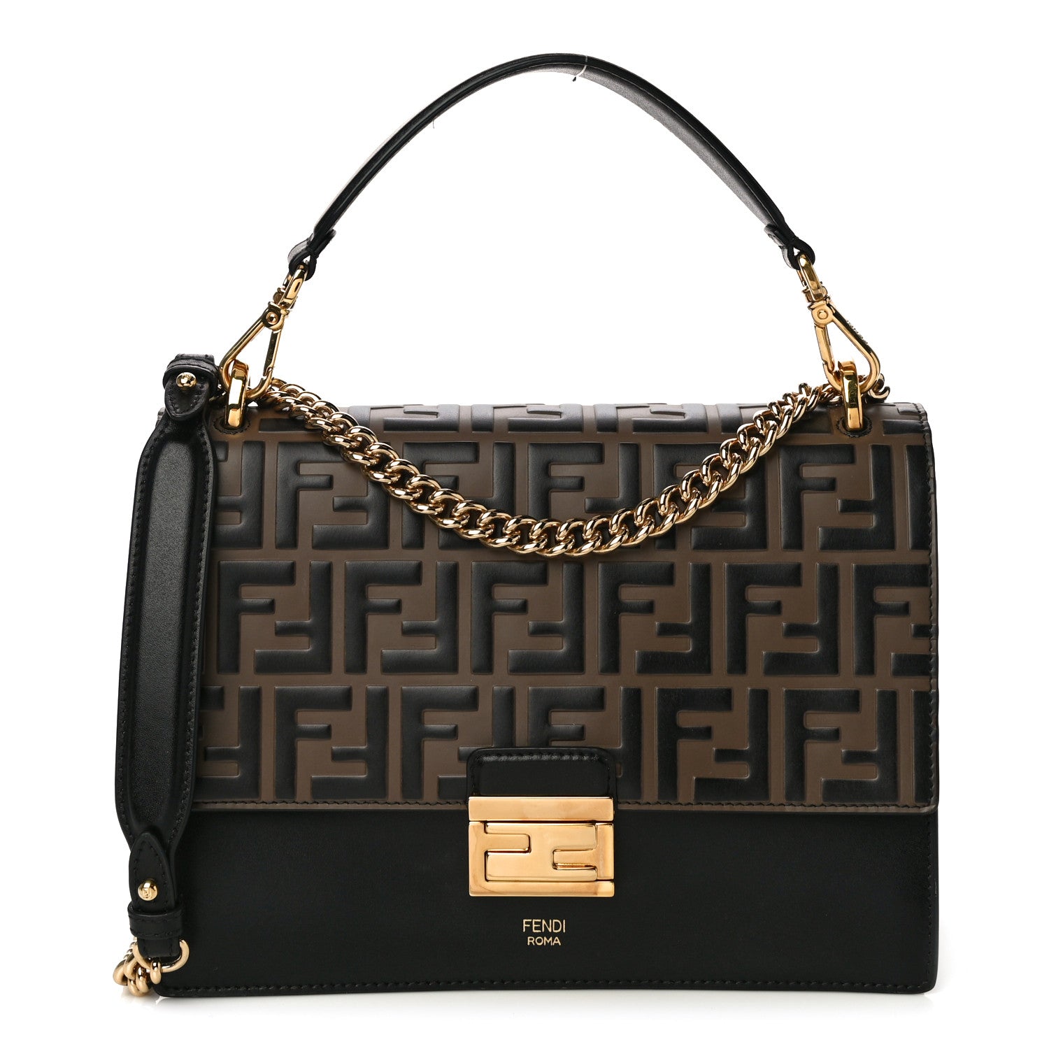 Fendi Vitello Liberty Bi-Color FF 1974 Embossed Chain Strap Kan U Shoulder Bag Black Maya 1 of 9