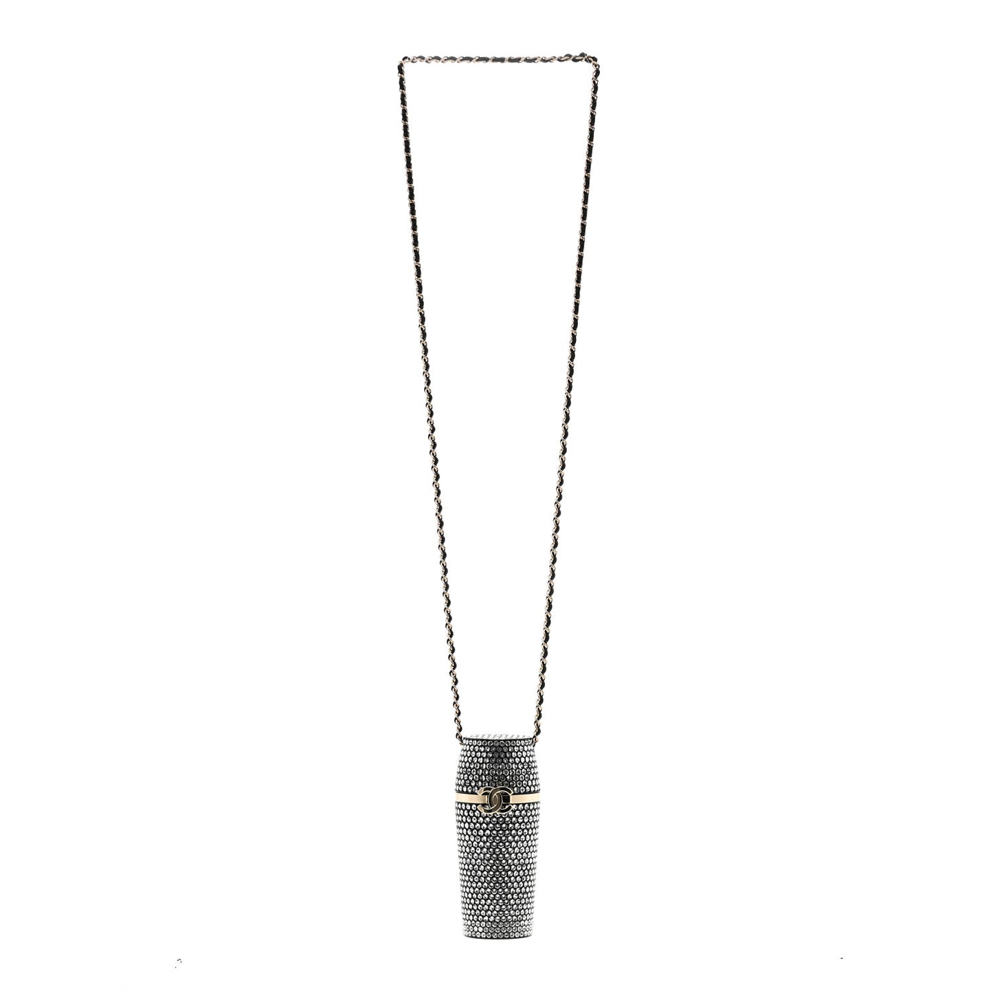 Metal Resin Lambskin Crystal Lipstick Case Long Necklace On Chain Silver Black Gold