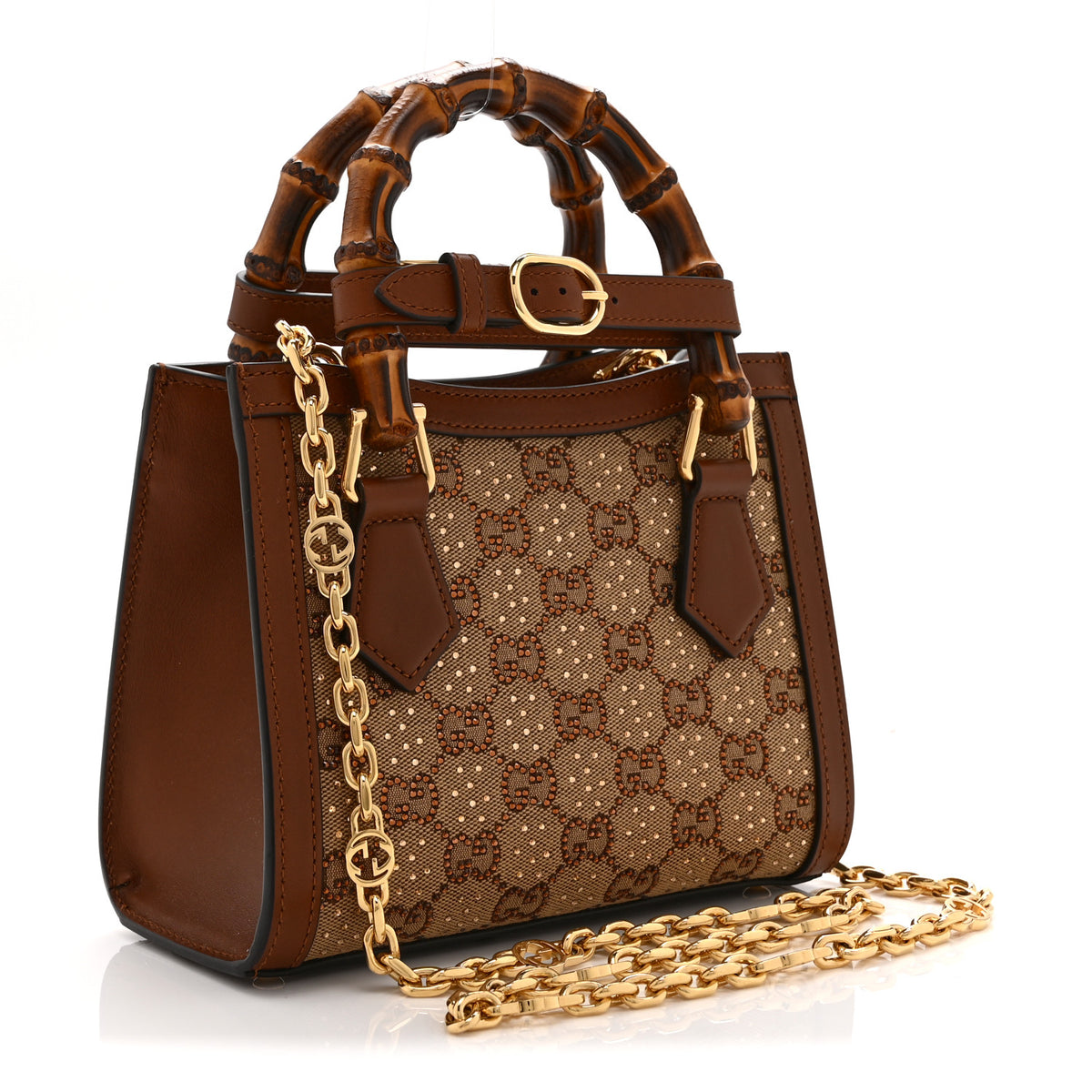 Gucci New Canvas Charisma Calfskin Crystal GG Monogram Mini Diana Tote Bag Camel Ebony 3 of 11