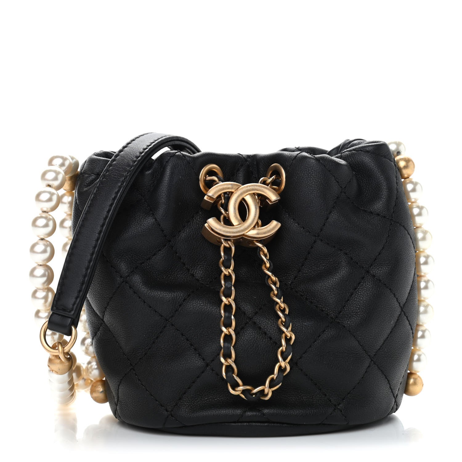 Chanel Calfskin Quilted Pearl Mini About Pearls Drawstring Bucket Bag Black 1 of 10