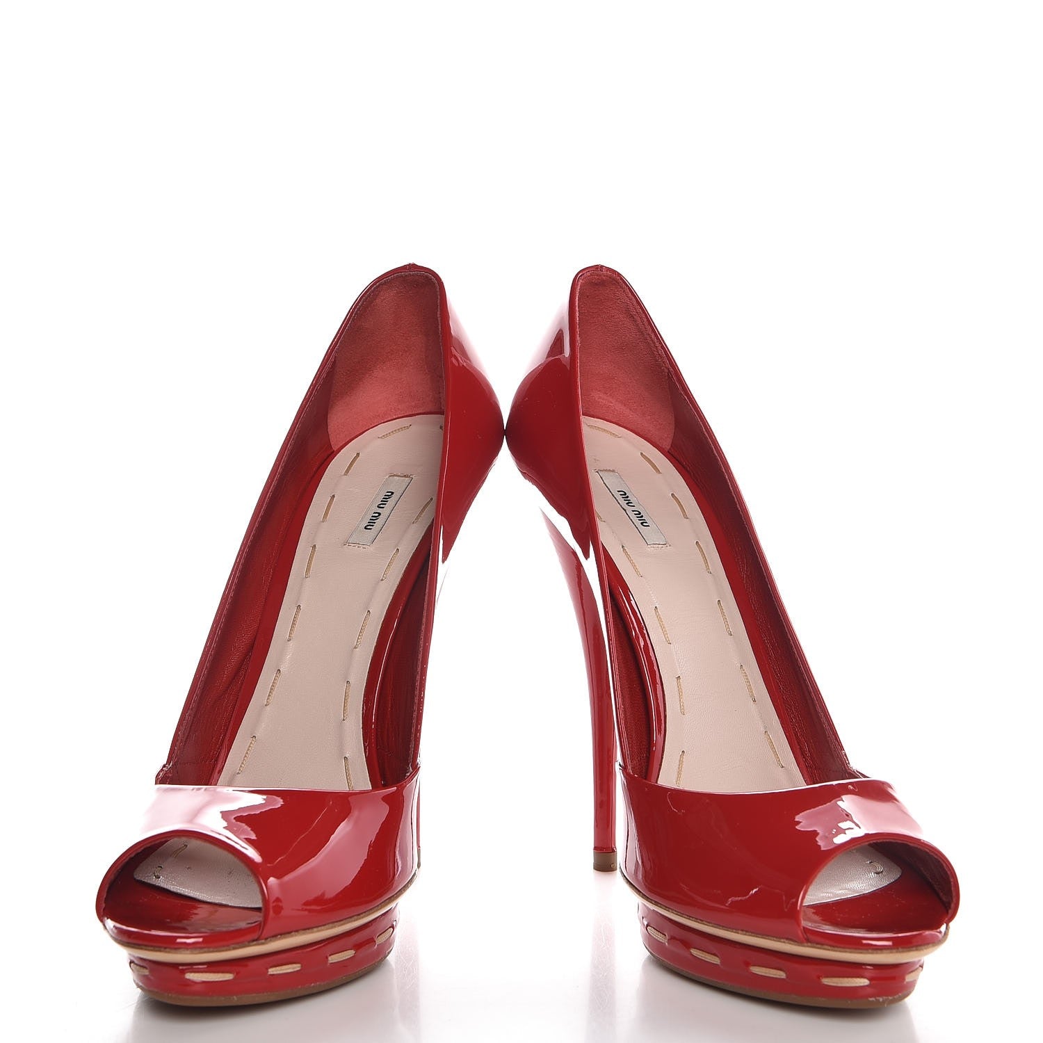 Miu Miu Patent Stitch Trim Peep Toe Pumps 39 Red 5 of 9