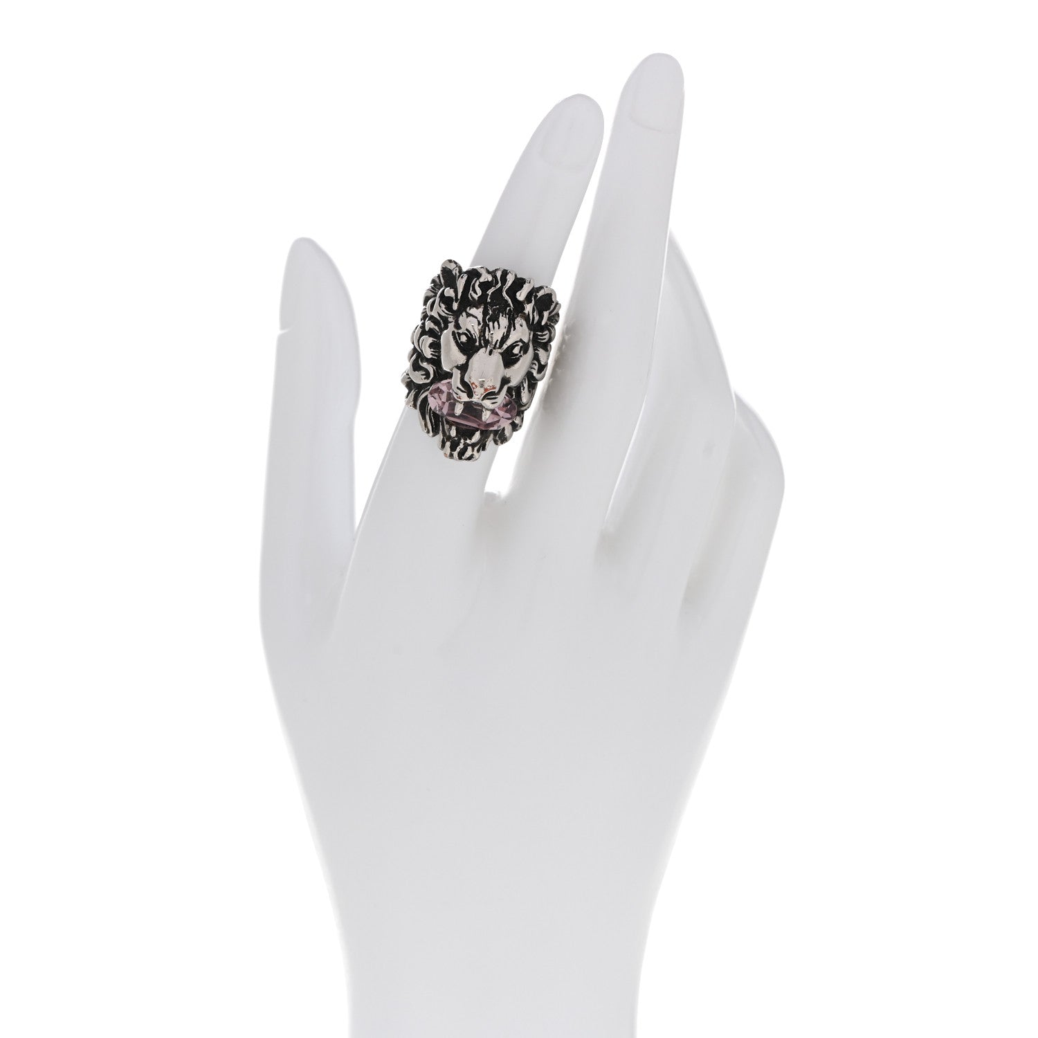 Gucci Metal Crystal Lion Head Ring 53 6.25 Pink Silver 2 of 5