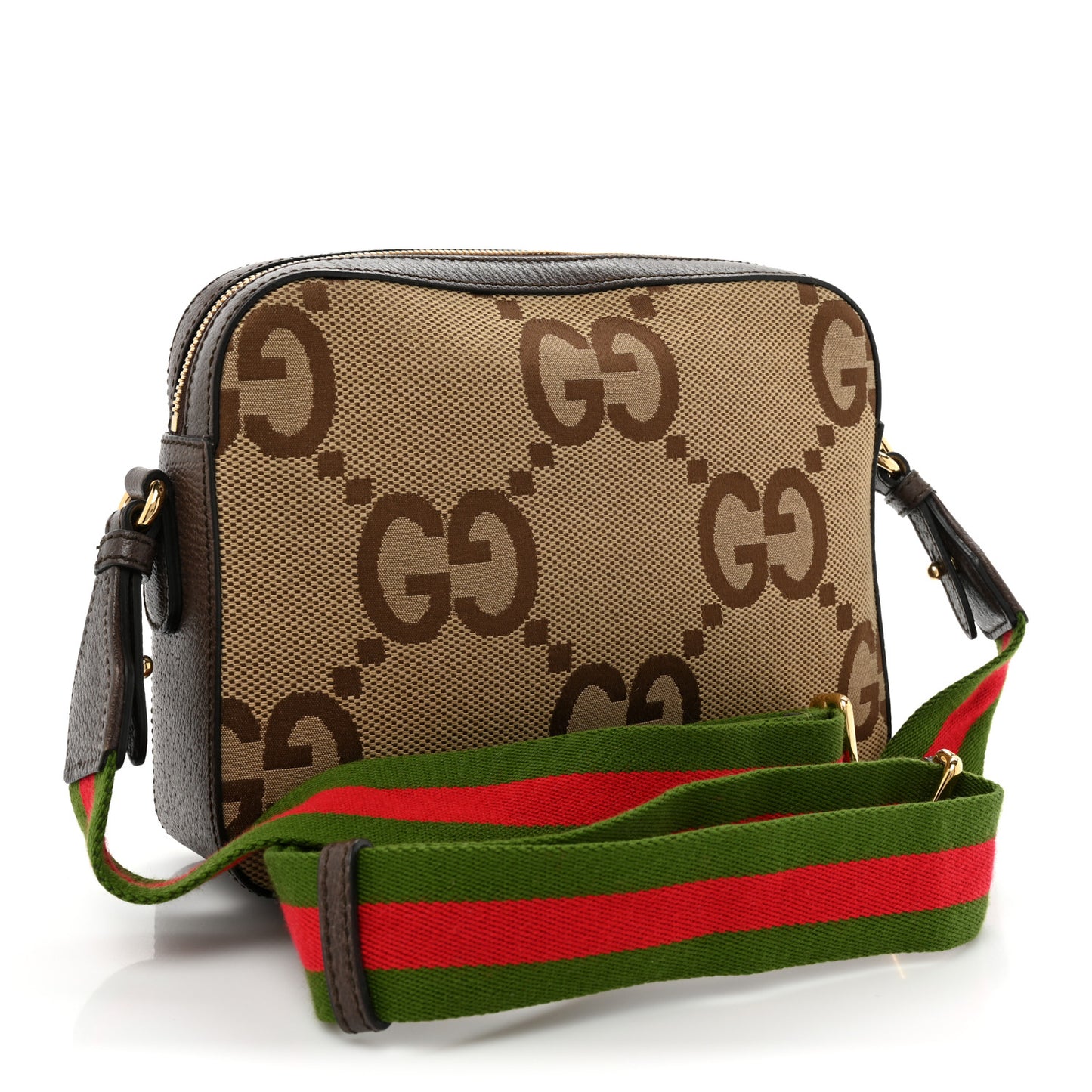 Monogram Jumbo GG Textured Dollar Calfskin Web Messenger Shoulder Bag Camel Ebony New Acero
